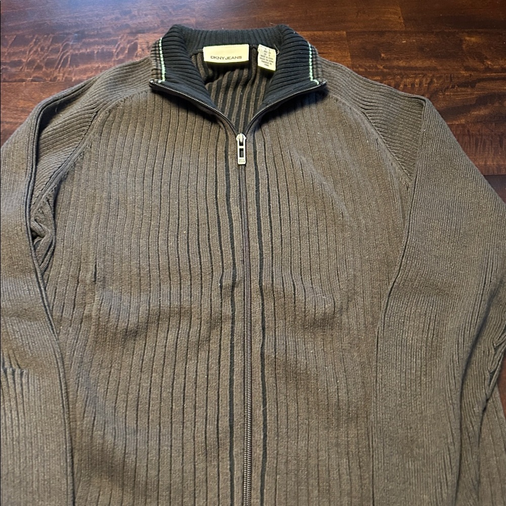 DKNY Taupe and Black Ribbed Zip-Up Sweater